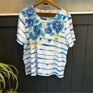 Alfred Dunner Women's‎ Cool Vibrations Lace Neck Floral Stripe Tee Multicolor 1X